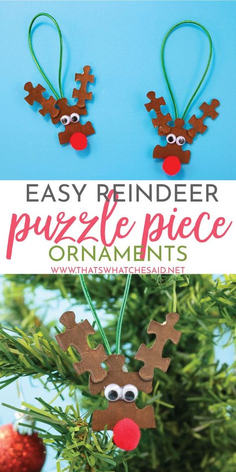 A quick and fun Christmas craft that is perfect for kids and groups!  Upcycle those old puzzles into cute reindeer puzzle piece ornaments.  Great for gifts! #kidscrafts #christmascrafts #ornaments Puzzle Piece Ornaments, Puzzle Piece Crafts, Puzzle Crafts, Kids Christmas Ornaments, Cute Reindeer, Fun Christmas Crafts, Preschool Christmas, Easy Christmas Crafts, Puzzle Piece