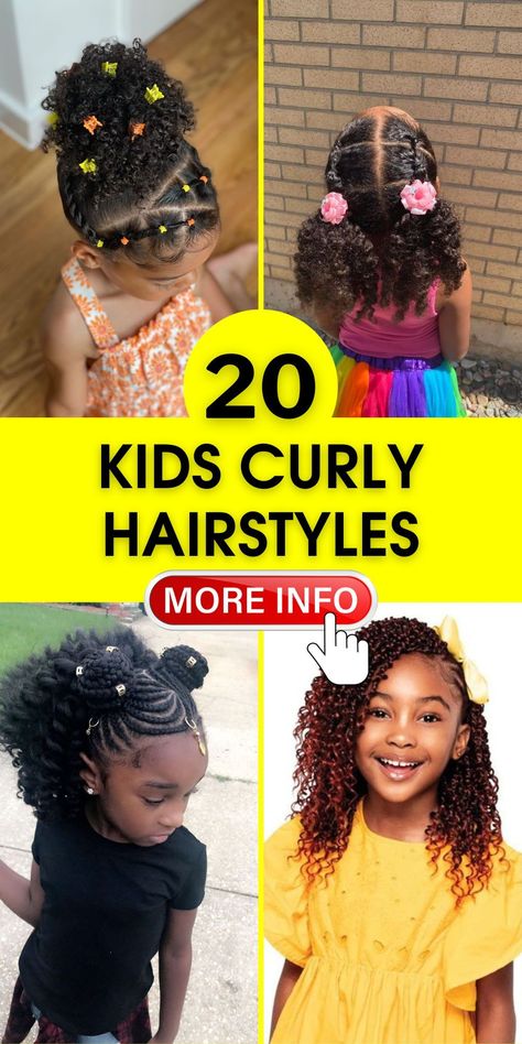 Discover the charm of kids curly hairstyles, perfect for black hair. Our collection includes everything from natural curls to stylish braids and ponytails. Whether it's for a school event or a special party, these hairstyles are not only beautiful but also offer easy protective styles for natural hair. Locs Hairstyles For Kids, Curly Hairstyles Kids, Twist Out Styles, Mixed Girl Hairstyles, Pin Up Curls, Curly Kids, Mixed Curly Hair, Kids Curly Hairstyles, Chic Kids