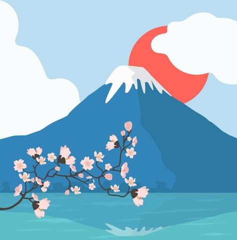 Mt Fuji Illustration, Mount Fuji Art, Mount Fuji Drawing, Fuji Mountain Illustration, Mount Fuji Illustration, Fuji Illustration, Cherry Blossom Illustration, Gunung Fuji, Cherry Blossom Drawing