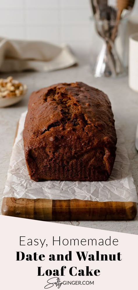 Date and walnut loaf cake on a platter. Walnut Recipes Healthy, Moist Date Cake Recipe, Walnut Loaf Cake, Date And Walnut Loaf, Date And Walnut, Date And Walnut Cake, British Bake Off Recipes, Walnut Loaf, Nut Loaf