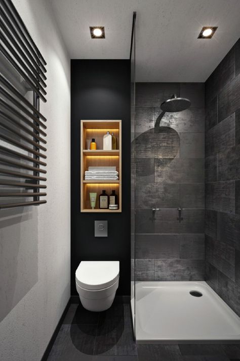 Small Dark Bathroom Ideas: Making the Most of Limited Space Introduction When it comes to designing a bathroom, many homeowners find themselves with a small, dark space to work with. While this may seem like a challenge, it’s important to remember that with the right approach, you can create a beautiful and functional bathroom that feels spacious and welcoming. In this article, we’ll share some of our favorite small dark bathroom ideas to help you get started. Lighting These Small Small Dark Bathroom, Makeover Kamar Mandi, Minimalist Small Bathrooms, Grey Wall Tiles, Very Small Bathroom, Dark Bathrooms, Bad Inspiration, Cheap Bathrooms, Small Remodel