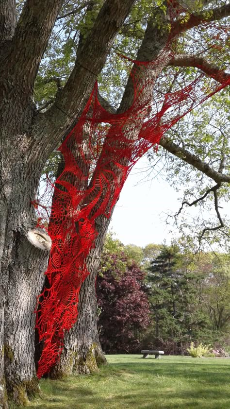 Oversized Crocheted Doilies by Ashley V Blalock Climb Up Trees and Gallery Walls | Colossal Forest Art Installation, Site Specific Art, Crocheted Doilies, Fiber Sculpture, Giant Spider, Wire Sculptures, Colossal Art, Textile Fiber Art, Spider Webs