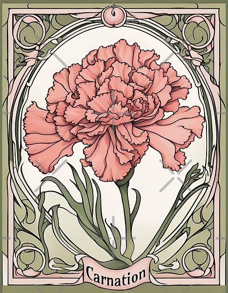 Art Nouveau Carnation, Carnation Flower Art, Vintage Art Nouveau Illustration, Art Deco Flowers Illustration, Art Nouveau Watercolor, Botanical Flower Illustration, Carnation Illustration, Art Nouveau Flowers Illustration, Carnations Flower