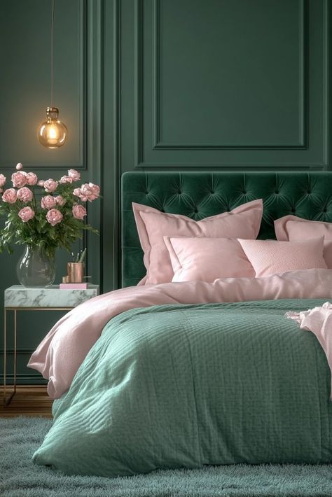 29 Green and Pink Bedroom Ideas for a Chic and Trendy Vibe 13 Pink And Green Interior Design, Fern Bedroom, Green And Pink Bedroom Ideas, Green And Pink Bedroom, Luxurious Modern Bedrooms, Pink Green Bedrooms, Maximalist Apartment, Mom Bedroom, Blush Bedroom