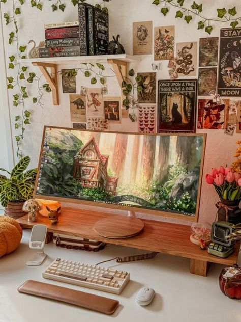 Art And Gaming Room, Brown And Green Pc Setup, Cool Office Setup, Cottage Core Gamer Setup, Pc Bedroom Setup, Whimsical Gaming Setup, Pink Wall Office, Cozy Game Setup, Cozy Modern Office