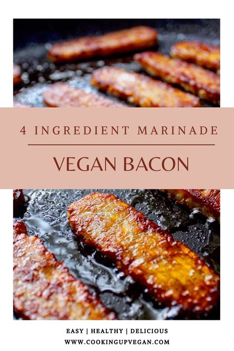 4 ingredient marinade vegan tempeh bacon sizzling in a pan. Tempeh Bacon Recipe, Vegan Bacon Recipe, Blt Sandwiches, Vegan Blt, Vegan Meat Recipe, Vegan Soul Food, Tempeh Bacon, Tempeh Recipes, Plant Based Diet Recipes