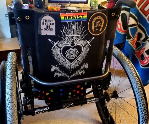 Cool Wheelchair Accessories, Aesthetic Mobility Aid, Cripple Punk Aesthetic, Punk Wheelchair, Cute Wheelchair Accessories, Mobility Aid Decoration, Spoonie Aesthetic, Decorated Mobility Aid, Cripplepunk Aesthetic