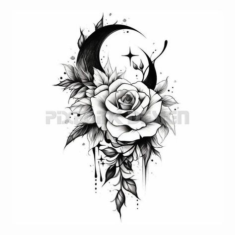 Rose with a Moon Tattoo Design Rose And Moon Tattoo Design, Moon And Flower Tattoo, A Moon Tattoo, Moon Tattoo Design, 2024 Tattoo, Printable Tattoos, Background Printable, Moon Tattoo Designs, Tattoo Style Drawings