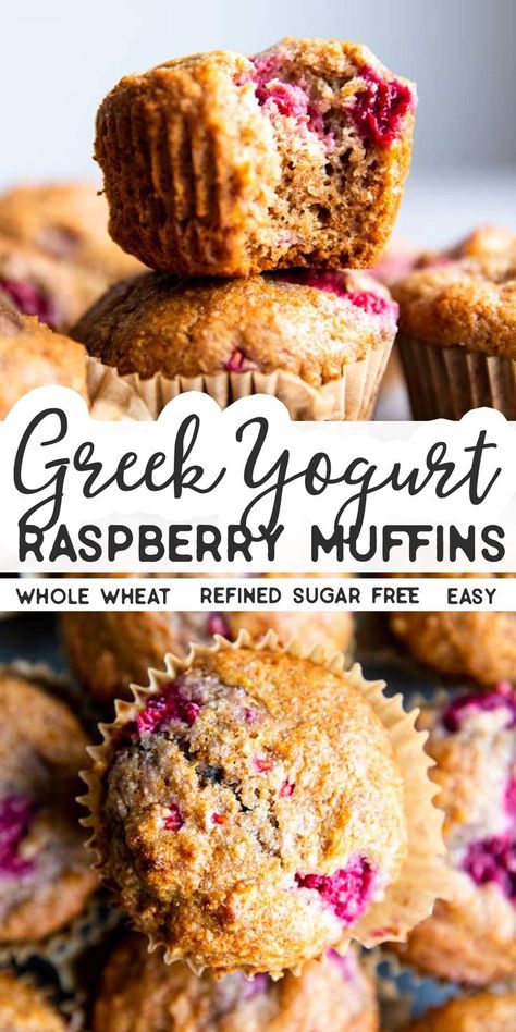 Lemon Raspberry Muffins Greek Yogurt, Healthy Raspberry Muffins, Muffin Allo Yogurt, Raspberry Muffin Recipes, Lemon Raspberry Muffins, Muffins Blueberry, School Lunch Boxes, Whole Wheat Muffins, Easy Breakfasts