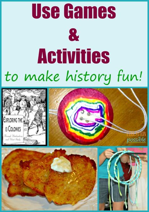 When studying Colonial America, include as many games and hands-on activities as possible to bring this time period to life for your older kids. Making American history interactive shows middle school kids that history can be fun. There are so many fun things listed to do when learning about the 13 colonies. #USHistory #colonialhistory #middleschool #educationpossible Middle Colonies Activities, Fun History Activities For Kids, Colonial Games, Middle School History Activities, 13 Colonies Activities, Activities For Older Kids, American History Activities, American History Classroom, The 13 Colonies