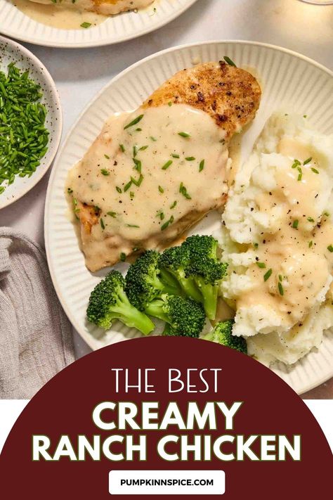 Creamy Ranch Chicken is a simple, one pan meal that's ready in just 30 minutes. This chicken breast dinner is coated in a creamy, zesty sauce that's an easy dinner recipe for the whole family! Chicken With Ranch Dressing Packet, Chicken Breast With Sauce Recipes, Chicken Ranch Recipes, Cream Cheese Ranch Chicken, Spicy Ranch Chicken, Creamy Chicken Breast Recipes, Creamy Ranch Chicken Recipe, Chicken Breast Dinner, Creamy Ranch Chicken