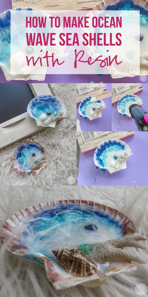 Seashell Epoxy Art, How To Store Seashells, Epoxy Seashell Crafts, Resin Art Sea Shells, Shells In Resin Ideas, Seashell Crafts Resin, Resin With Sea Shells, Resin Crafts With Shells, Epoxy Resin And Sea Shells