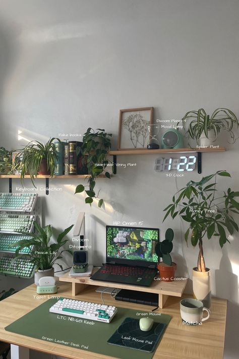 Desk With Plants Office Spaces, Brown Desk Room Ideas, Black White Brown Desk Setup, Room With Desk Aesthetic, Desk With Computer Aesthetic, Desk Set Ups Aesthetic, Cozy Desk Accessories, Plant Desk Decor, On Desk Organization