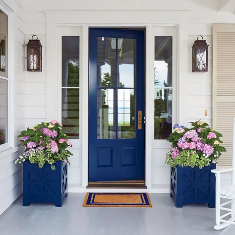 18 Blue Front Doors We're Obsessed With Seaport Shutter Company, Best Exterior Paint, Blue Front Door, Pintura Exterior, Casa Exterior, Front Door Colors, Front Porch Decorating, Black Retro, River House