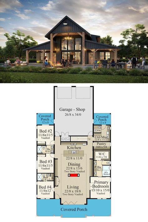 Open Floor Plan One Level House, One Story Barndominium Floor Plans 4 Bedroom, Open Floor Plan Living Room And Kitchen Barndominium, Floor Plans With Vaulted Living Room, Floor Plans Barndominium Open Concept, Double Height Kitchen Design, Barndo With Big Windows, Cathedral Ceiling Floor Plans, Open Floor Plan 4 Bedroom One Story