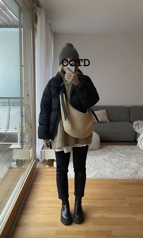 Cozy Autumn Layers 🍂🧥Fall Outfit Inspo: Embrace the crisp air in this outfit that's as warm as a hug from your favorite sweater! fall outfit inspo, fall outfit inspo, fall fashion 2023, winter outfits, fall 2023 outfits, fashion inspo, cargo pants, fall outfits women, custom jean, brunch style outfits, halloween rave outfits Cold Day In The City Outfit, Winter Fashion In Europe, Effortless Autumn Outfit, Cozy Work Outfit Winter, Flares And Sneakers Outfit, Sneakers With Leggings Outfits, Outfit Formulas Fall 2023, Mid Length Coat Outfit, Danish Mom Style