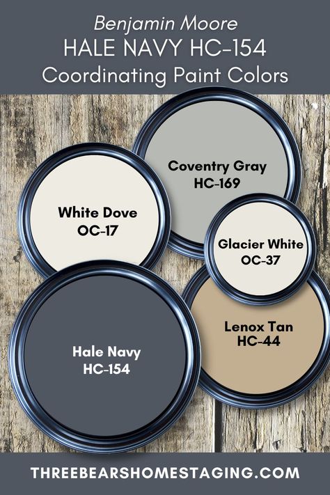 Paint Color Review: Benjamin Moore Hale Navy HC-154 | Three Bears Home Staging® Rooms With Navy Blue Walls, Whole House Paint Scheme With Navy Blue, Midnight Benjamin Moore Paint, Navy Blue Home Color Palette, Benjamin Moore Hale Navy Color Palette, Hail Navy Benjamin Moore Exterior, Dark Blue Siding House With Stone, Benjamin Moore Hale Navy Bedroom, Hale Navy Built Ins