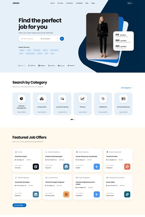 Jobster is a smart job board WordPress theme designed for creating professional and feature-rich job portal websites. It provides all the necessary tools and functionality to build a robust platform for job seekers and employers. Hr Website Design Inspiration, Job Board Design, Job Listing Website Design, Job Finder Website, Human Resources Website Design, Job Search Website, Job Board Website Design, Website Design Professional, Project Website Design