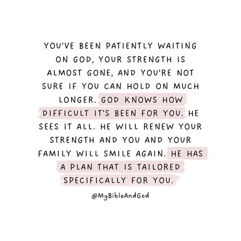 Waiting on God can be challenging especially when we feel exhausted and struggling to hold on to our faith. It’s natural to feel weary and unsure if we can continue. God is aware of our struggles and sees our pain. He is a God of hope and restoration, and He will renew our strength and bring joy back to our lives. “But those who hope in the Lord will renew their strength. They will soar on wings like eagles; they will run and not grow weary, they will walk and not be faint.” (Isaiah 40:31) ... Weary Quotes, God Knows Everything, Run And Not Grow Weary, Difficult Times Quotes, Hope In The Lord, Growing Quotes, Hebrew Prayers, Times Quotes, Waiting On God