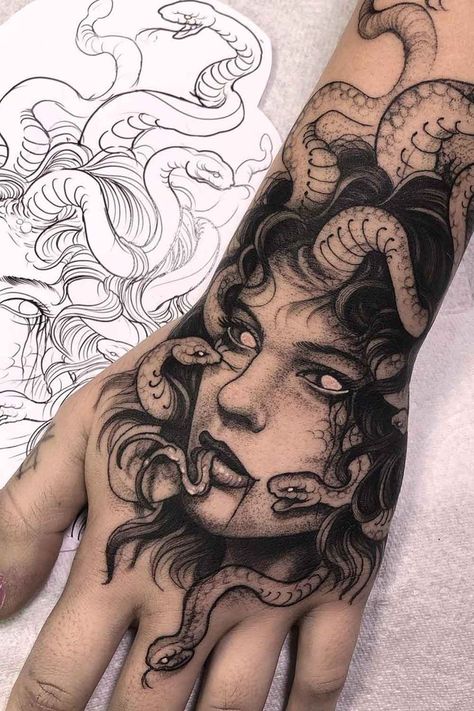 Unveil the Intricate Enigma Encoded in Medusa Tattoo ★ Symbolism in Medusa Tattoos Medusa Hand Tattoo, Unique Medusa Tattoo, Medusa Tattoo Ideas, Medusa Tattoos, Medusa Tattoo Design, Hand And Finger Tattoos, Ireland Dublin, Intricate Tattoo, Spooky Tattoos