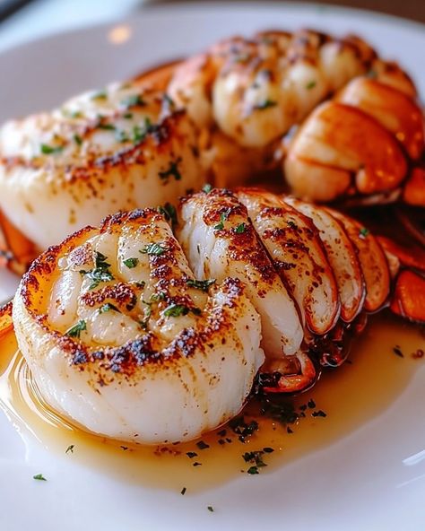 "🦞 Garlic Butter Lobster and Scallops 🧄🦪 Savor the Sea's Bounty with Every Bite! Perfect for a special evening, this dish brings the ocean's freshness right to your dining table, combining the rich, buttery flavors of lobster and scallops with a hint of garlic. 🍽️ Ingredients 🍽️ - For the Scallops: - 1/2 lb sea scallops, patted dry - 1 tbsp olive oil - 2 tbsp unsalted butter - 2 cloves garlic, minced - Salt and pepper to taste - Fresh parsley for garnish - For the Lobster: - 2 lobst... Garlic Butter Lobster, Butter Lobster, Lamb Sauce, Prawn Dishes, Sea Scallops, Cooking Seafood, Cooking On The Grill, Fish Dishes, Food Diary