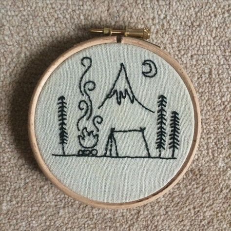 Embroidery Patterns For Men, Embroidery For Men Ideas, Manly Embroidery, Manly Embroidery Ideas, Easy Mountain Embroidery, Camp Embroidery, Small Mountain Embroidery, Embroidery Sunshine, Camping Embroidery Designs