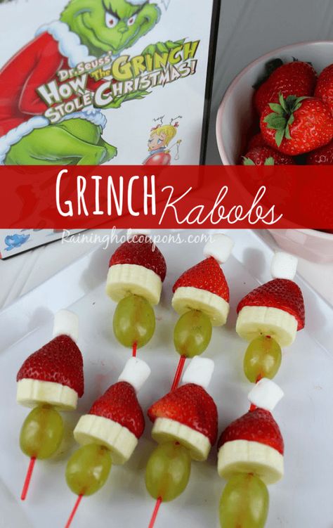 Strawberries, Healthy Eating, Grinch Kabobs, Christmas Party Food, Skewers, Party Food, Grinch, Christmas Party, Food Ideas