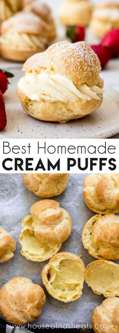 Cream puffs are made from a choux pastry (aka pâte à choux) which is just a light pastry dough made with flour, eggs, butter, and water. The puffed up hollow shells are perfect for filling with pastry cream or whipped cream for an easy, elegant dessert! #creampuffs #best #easy #classic #french #chouxpastry #recipe #dessert #filling #homemade #howtomake Cream Puffs Recipe Easy, Homemade Cream Puffs, Cream Puffs Recipe, Cream Puff Filling, Classic French Desserts, Easy Puff, Crescent Recipes, Cream Puff Recipe, Puff Recipe