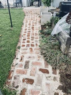 Diy Front Walkway Cheap, Brick Next To Sidewalk, Brick Walk Ways Pathways, Diy Sidewalks Walkways, Diy Sidewalk Ideas Cheap, Walkways From Driveway To House, Cheap Diy Patio Flooring, Diy Walking Path Backyards, Easy Diy Walkway