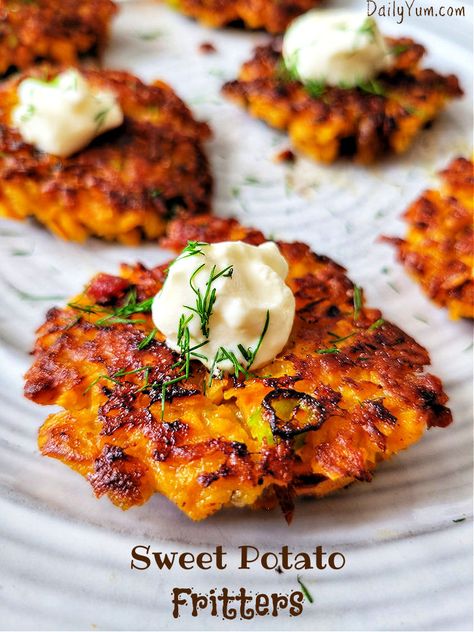 Savory Sweet Potato Recipes, Potato Fritters Recipe, Daily Yum, Sweet Potato Fritters, Potato Fritters, Fritter Recipes, Potato Dishes, Sweet Potato Recipes, Tempura