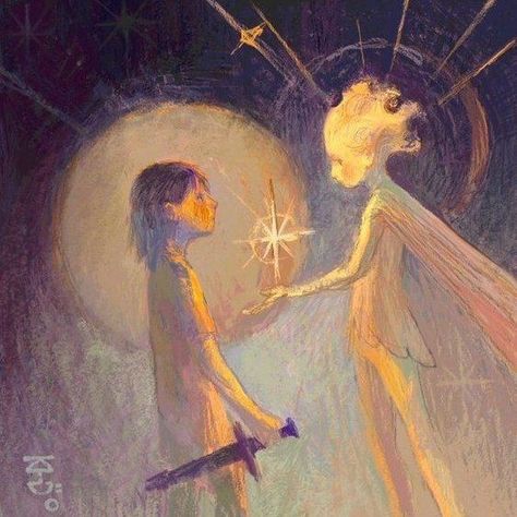 Two People Staring At Each Other Drawing, Angel Reaching Out, Star Person Art, Dawn Illustration, Star Person, Lively Aesthetic, Lyric Book, Star People, Pretty Paintings