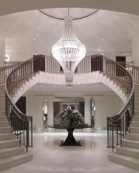 Grand Entrance Way | fabuloustouchdesign Oxshott Surrey, Luxury Houses Entrance, Luxury Staircase, Double Staircase, House Staircase, Luxury Houses Mansions, Luxury House Interior Design, Home Stairs Design, Modern Mansion