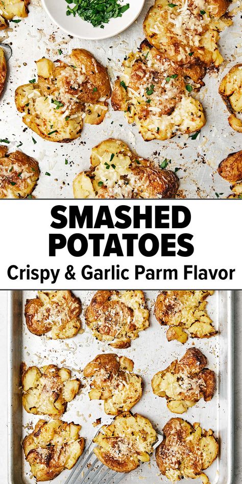 Crispy smashed potatoes with garlic parmesan Pan Fried Smashed Potatoes, Parmesan Garlic Smashed Potatoes, Potato Smashed Baked, Smashed Potatoes Baked Parmesan, Smashed Potatoes Parmesan, Parm Smashed Potatoes, Smashed Potato Recipes, Smashed Potatoes Garlic, Potatoes Garlic Parmesan