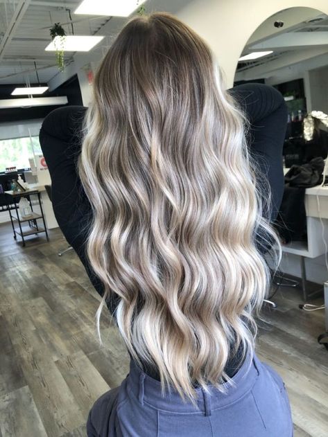 Platinum Blonde Hair On Brown Hair, Long Ash Blonde Hair With Layers, I’ve Blonde Balayage, Blonde Balayage Blended, Blond Balayage With Dark Roots, Blonde Balayage With Extensions Long Hair, Brown Roots Blended Into Blonde, Darker Roots Blonde Hair Balayage Medium Length, Ash Blond Balayage Brunettes