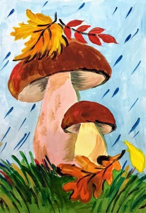 Fall Drawings Easy Kids, Fall Mushroom Painting, Fall Paint Party Ideas Canvases, Fall Kids Painting, Fall Canvas Painting Ideas For Kids, Autumn Pictures Art, September Painting Ideas, November Painting Ideas, Fall Paintings For Beginners