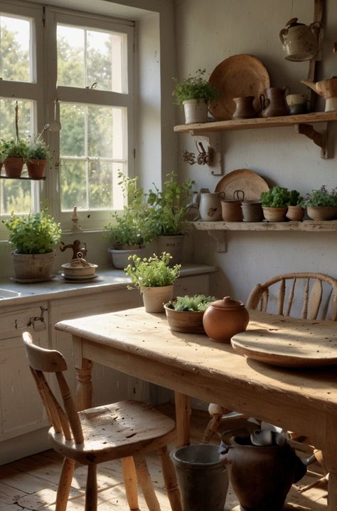 Cottage Table Setting, Dutch Apartment, Natural Kitchen Design, Cottagecore Kitchen Decor, Small Country Kitchens, Farmhouse Kitchen Rustic, Cottagecore Kitchen, Country Cottage Kitchen, Cottage Table