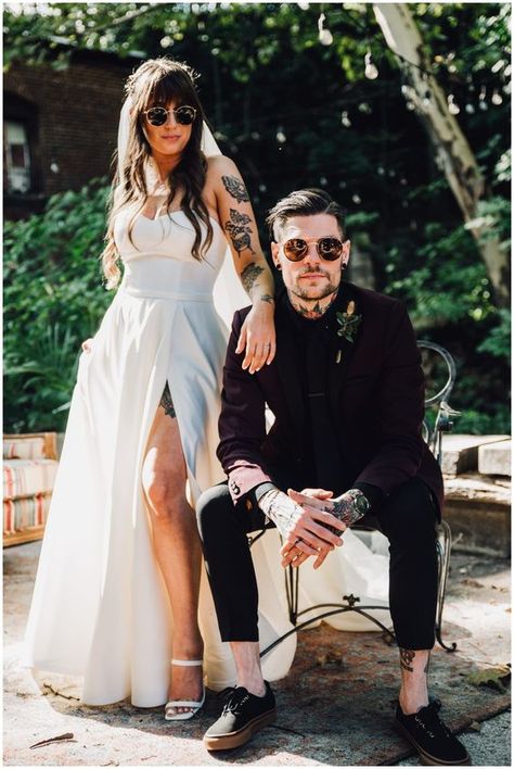 Wedding Self Portrait, Alternative Bride And Groom, Dark Wedding Outfit, Alternative Wedding Pictures, Edgy Elopement Dress, Alternative Wedding Photo Ideas, Rocker Wedding Hair, Grunge Wedding Photos, Unique Mens Suits Wedding