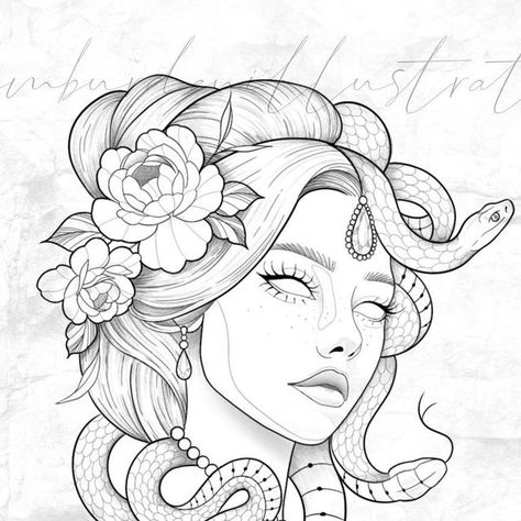 Em Burden Tattoo🖤 on Instagram: "AVAILABLE   Been wanting to design a Medusa tattoo for a while and finally got round to it! Here she is…💗  I would absolutely love to have this piece in my portfolio. This would likely be an extended day session of £300 depending on placement and final size.   Pop me a message to enquire💌 - - - #tattoo #tattooideas #medusatattoo #medusatattooidea #medusatattoodesign #medusa #medusatattoos #greekmythologytattoo #tattooflashdesigns #ladytattoos #prettytattoos #snaketattoos #finelinetattoos" Medusa Linocut, Medusa Tattoo On Thigh, Small Medusa Tattoos, Medusa Hip Tattoo, Medusa Flower Tattoo, Medusa Skull Tattoo, Beautiful Medusa Tattoo, Medusa Tattoo Drawing, Beautiful Medusa