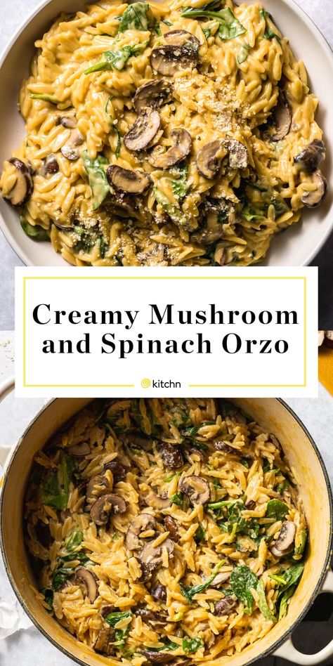 One-Pot Creamy Mushroom and Spinach Orzo | Kitchn Asian One Pot Meals, Heat And Eat Meals, Mushroom Dinners, December Meals, Creamy Orzo Pasta, Mushroom Orzo, Spinach Orzo, Pescatarian Meals, Veggie Dinners