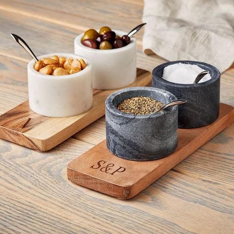 Wood and Marble Condiment Set | Mark and Graham Unique Hostess Gifts, Serving Ideas, Marble Accessories, Marble Bowl, Condiment Sets, Tray Ideas, Serveware Entertaining, Mark And Graham, Wood And Marble