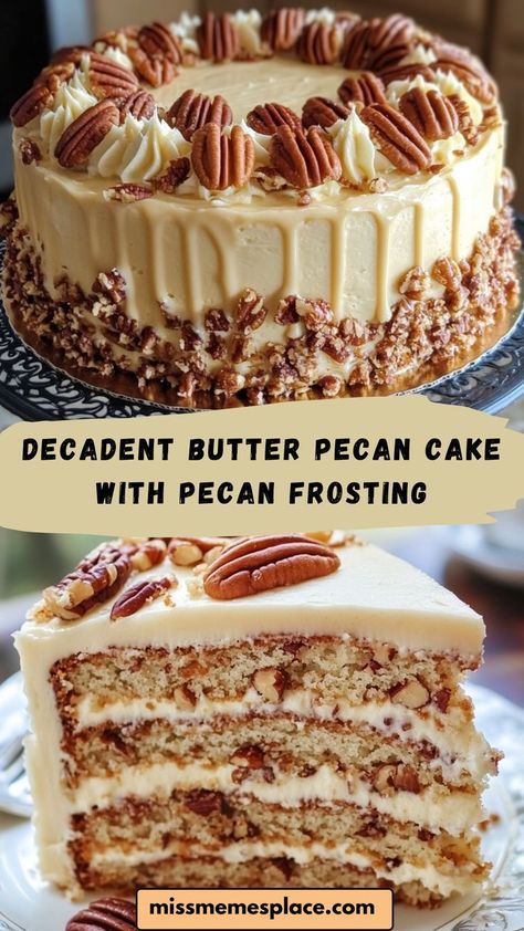 Indulge in a slice of pure decadence with this Butter Pecan Cake with Pecan Frosting! Each layer of this moist cake is filled with buttery flavor and toasted pecans, topped with a creamy frosting that takes it to the next level. This dessert is perfect for holidays, potlucks, or when you just want something special. Follow this easy recipe for a rich, delicious cake that’s sure to be a crowd-pleaser! Butter Pecan Buttercream Frosting, Pecan Pralines Cake Recipe, Hickory Nut Cake Recipes, Georgia Pecan Cake Recipe, Pecan Cream Cake, Caramel Pecan Icing, Frosting For Butter Pecan Cake, Butter Pecan Layer Cake, Butter Pecan Caramel Cake