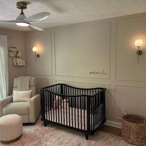 Completed my nursery!! I stumbled across Timberwood designs on Instagram, and I am so glad I did! It was the perfect little addition to my nursery that I was looking for. I get tons of compliments, and my friends have asked where I’ve gotten the sign from since completing my nursery. I cannot wait to tell more of my new mom to be friends about Timberwood designs! Nursery Design and Review by @aliahhren #nurserytheme #girlnursery #boynursery #itsagirl #itsaboy #namesign #woodensigns #nur... Nursery Millwork, 10x10 Nursery Layout, Wall Molding Nursery, Nursery Wall Molding, Nursery With Wainscoting, Nursery Ideas Neutral Modern, Nursery Layout Furniture Placement, Nursery Wainscoting, Baby Name Signs For Nursery