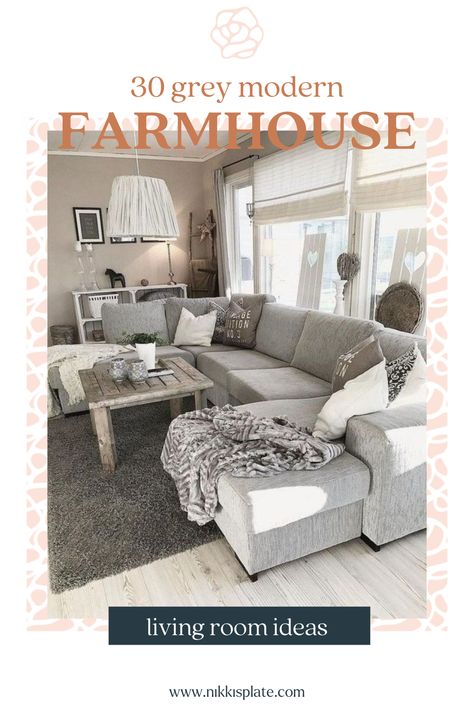 Modern Farmhouse Couch Ideas, Family Room Sectional Ideas Farmhouse, French Country Couch Living Room, Farmhouse Gray Couch Living Room, Farmhouse Living Room With Grey Flooring, Farmhouse Living Room With Sectional Couch, Sectional Living Room Layout Farmhouse, Light Grey Living Room Furniture, Grey Farmhouse Living Room Ideas