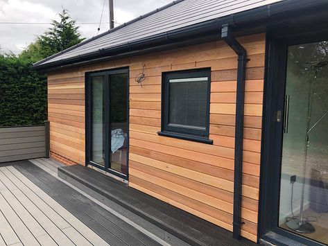 Wooden Cladding Exterior, Shed Cladding, Wood Cladding Exterior, Exterior Siding Options, Cladding Exterior, Metal Building Designs, Wooden Cladding, Timber Battens, Cedar Cladding