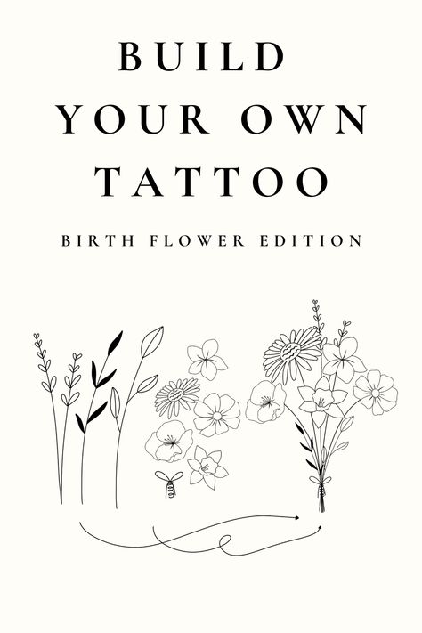 Birth flower tattoo designs for women with floral illustrations and dainty One Line Birth Flower Tattoo, May July August Flower Tattoo, Custom Birth Flower Tattoo, October Wildflower Tattoo, Birth Flower Tattoos Family, August And October Flower Tattoo, Bouquet With Bow Tattoo, Unique Family Tattoo Ideas, July Tattoo Ideas Birth Flower