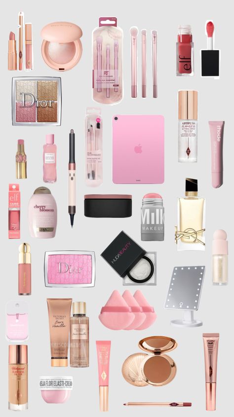 #pink #pinkaesthetic #makeup #gold #expensive #wishlist #wishlistinspo Makeup Wishlist Ideas, Expensive Wishlist, Makeup Gold, Wishlist Ideas, Makeup Wishlist, Makeup To Buy, Pink Aesthetic, Mood Board, Makeup