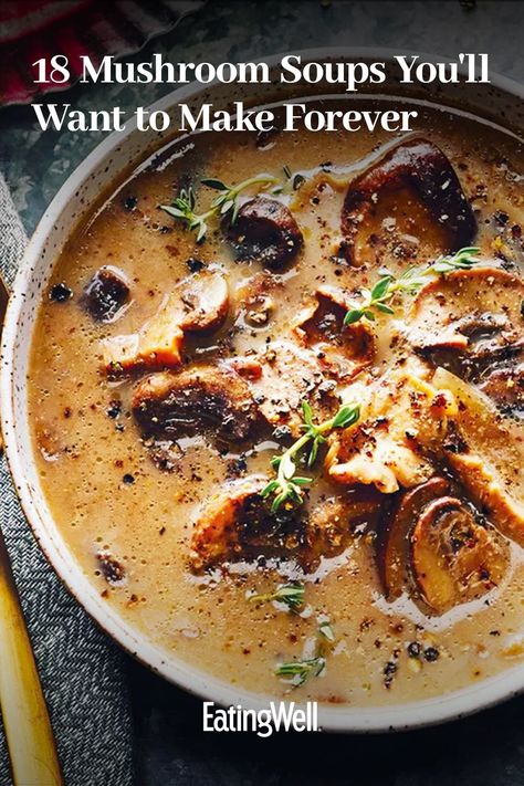 These soup recipes feature the earthy and meaty flavor of mushrooms, making them a comforting dinner meal for chilly winter nights. Recipes like our Slow-Cooker Mushroom Soup with Sherry and our Creamy Chicken Mushroom Soup use a variety of mushrooms, from creminis to portobellos Mushroom Soup With Sherry, Chicken Mushroom Soup, Hungarian Mushroom, Slow Cooker Soups, Hungarian Mushroom Soup, Mushroom Soup Recipe, Comforting Dinner, Winter Soup Recipe, Creamy Mushroom Soup