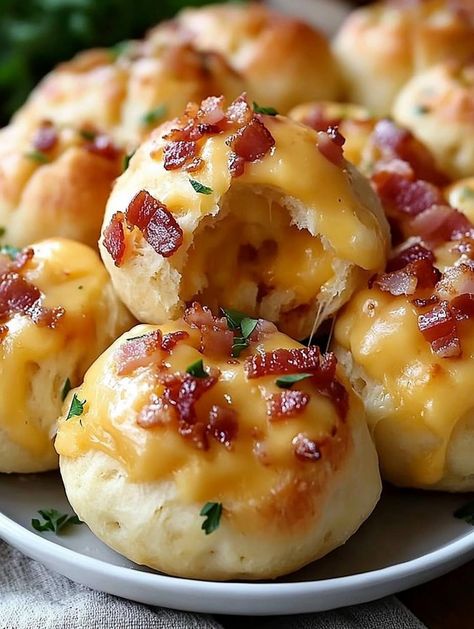 Baked Bacon Stuffed Cheese Bombs Bacon Snacks, Steak Bites Recipe, Food To Try, Pork Salad, Baked Bacon, Food Snack, Awesome Food, Bacon Cheddar, Bacon Cheese