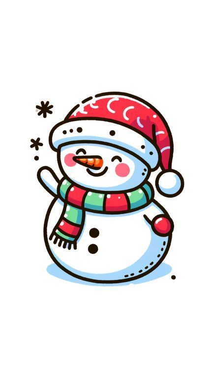 Design a kawaii-style snowman drawing, characterized by its round shape and a cheerful wave. Give the snowman a bright carrot nose, a warm, striped scarf, and a snug festive hat. The snowman should have a wide, happy smile and blushing cheeks. Kawaii, Natal, Snowman Drawing Ideas, Cute Xmas Drawings, How To Draw A Snowman, Chibi Snowman, Snowman Drawing For Kids, Christmas Snowman Drawing, Snowman Drawing Easy