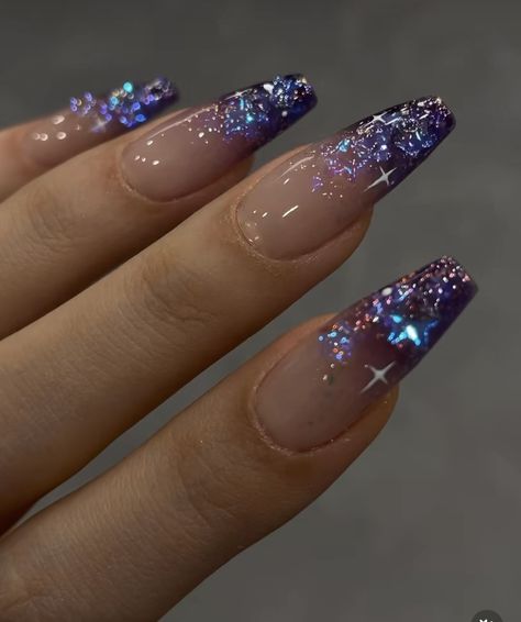 Nail Inspiration New Year, Glittery French Manicure, Jewel Tone Wedding Nails, Starfall Nails, Nail Designs Space, Cateye Ombre Nail, Bejeweled Taylor Swift Nails, Purple Nails With Silver Glitter, Cute Plain Nail Ideas